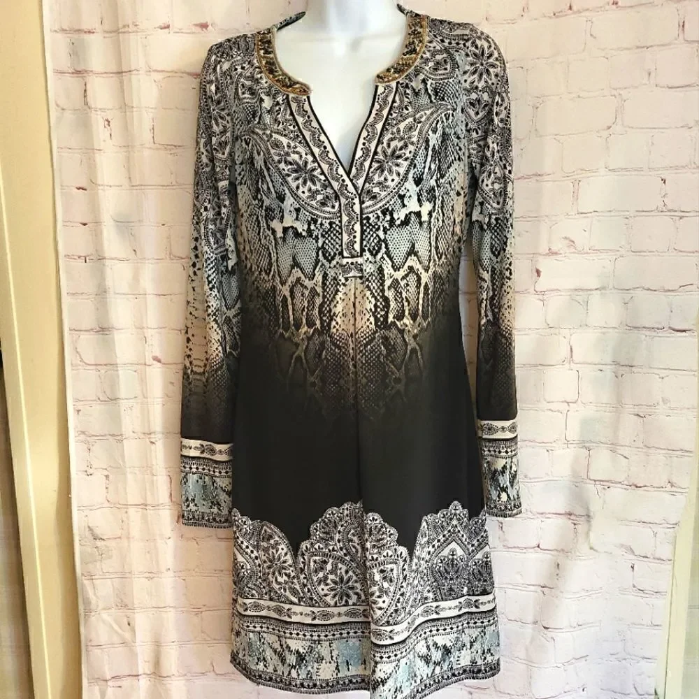 New Hale Bob Paisley Print Jersey Shift Dress Long Sleeve sz.XS ret.$216